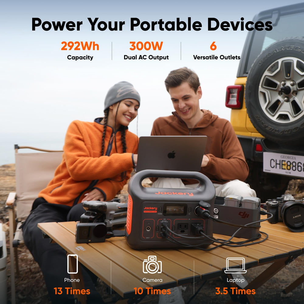 Jackery Explorer 300 held by integrated handle demonstrating lightweight 7.5 lb portability