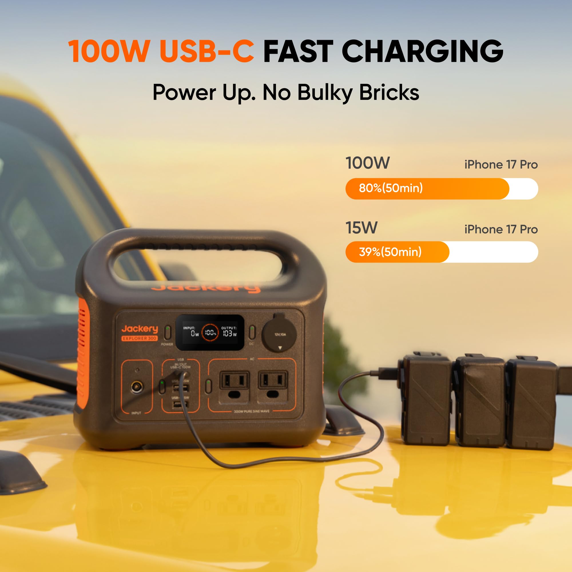 Jackery Explorer 300 powering campsite lights and devices illustrating outdoor convenience
