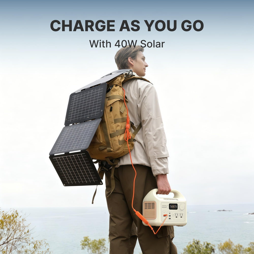 Jackery Explorer 300 label close-up showing durable battery specs