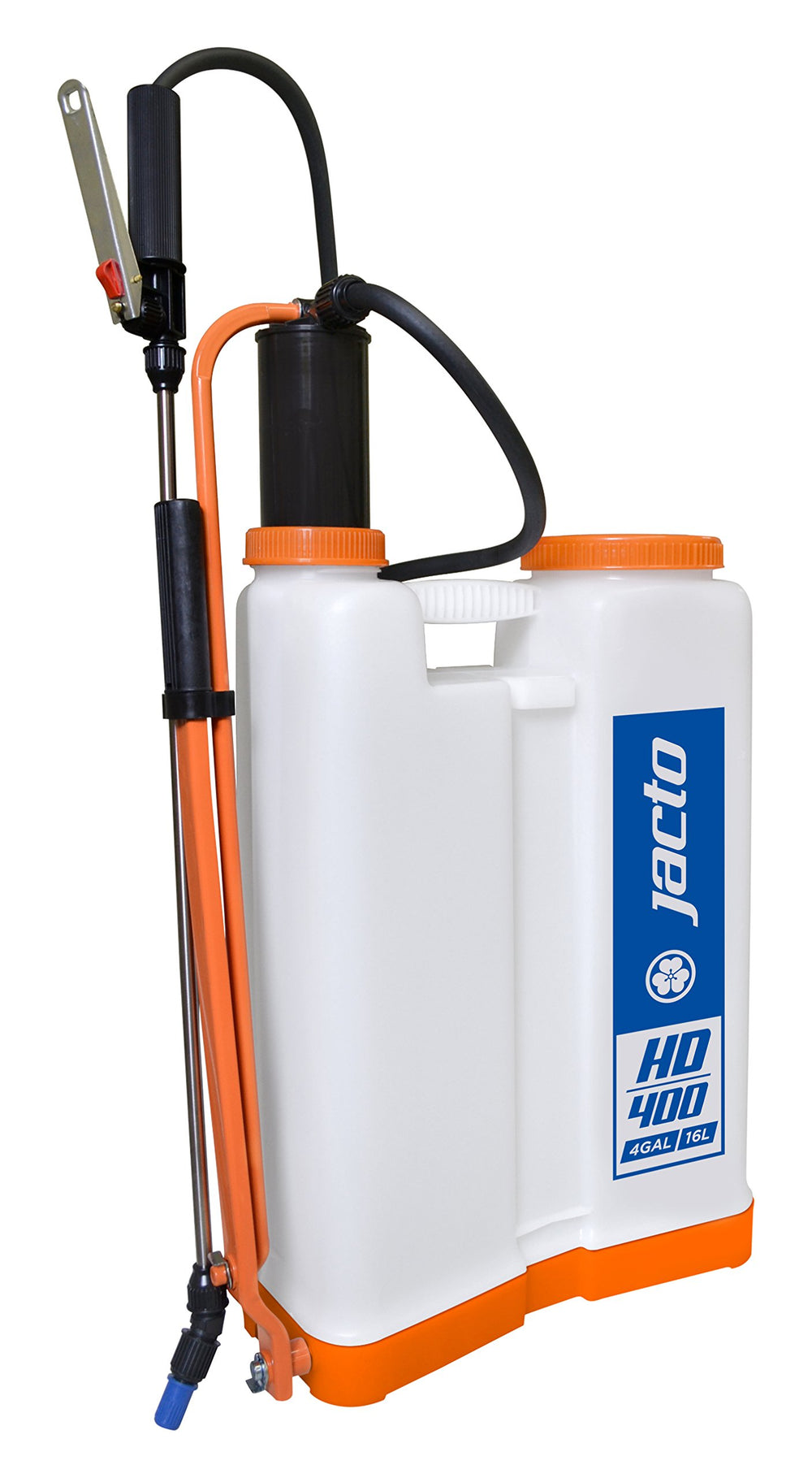 Jacto HD-400 front view showing sturdy tank and ergonomic straps for reduced fatigue