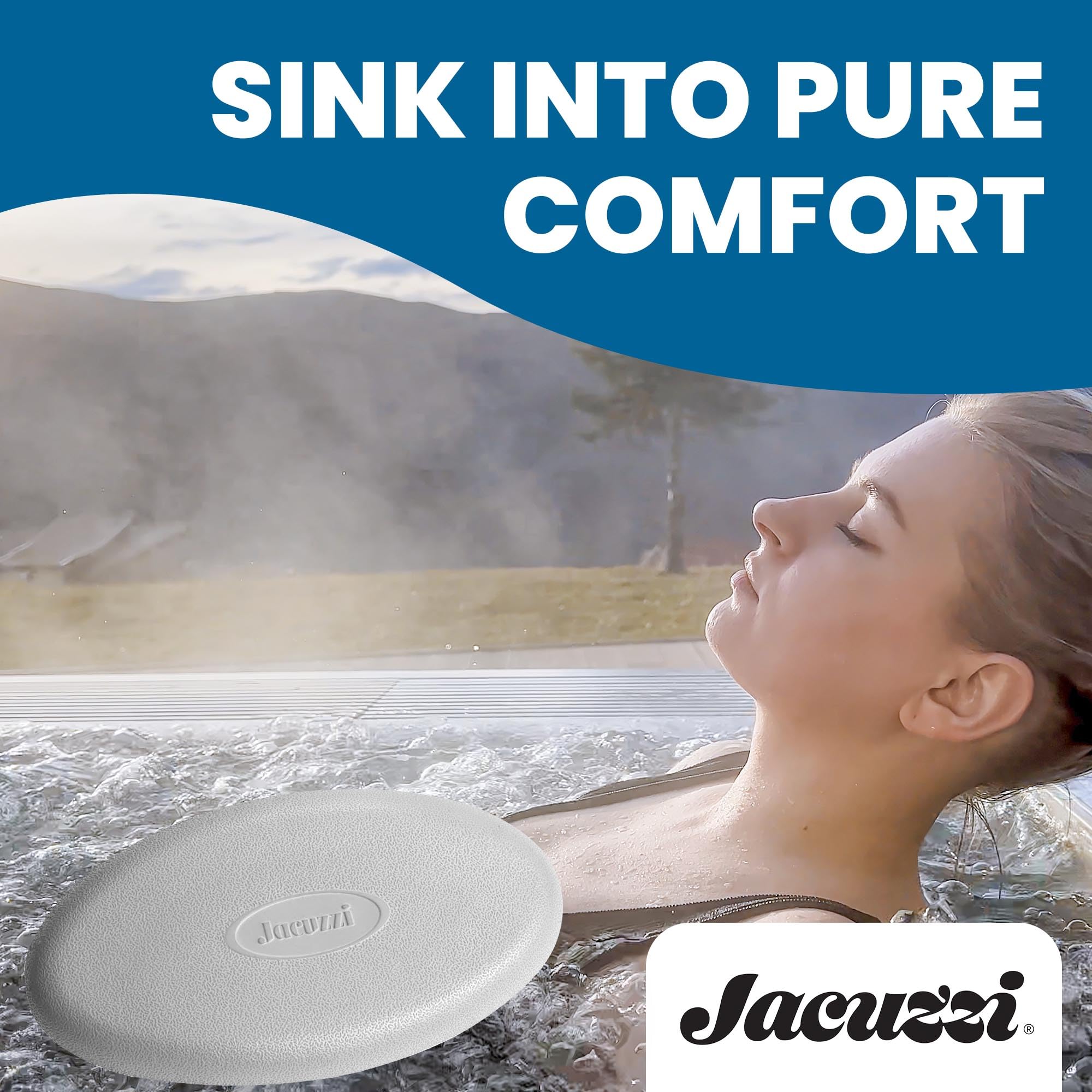 Jacuzzi pillow next to hand showing size and ergonomic scale benefit