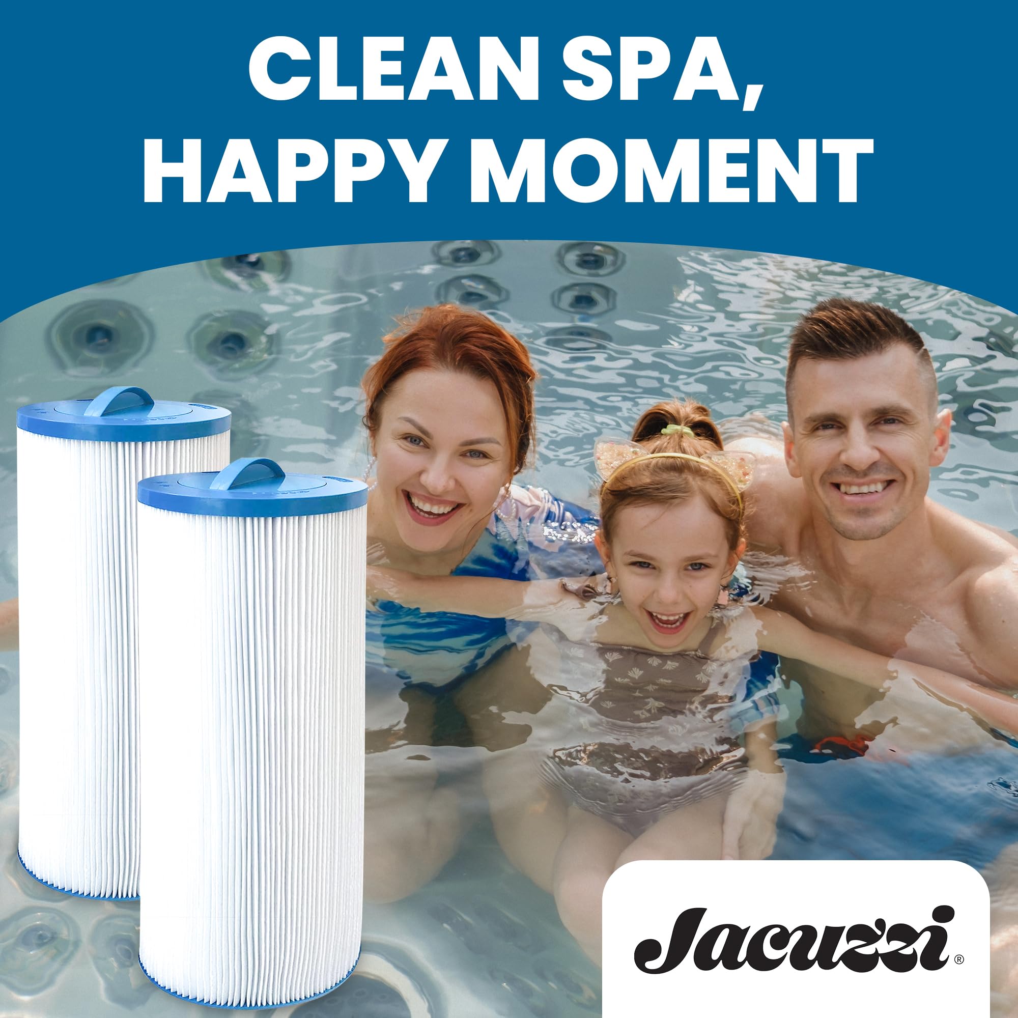 Jacuzzi owner rinsing cartridge under hose for easy maintenance and longer life