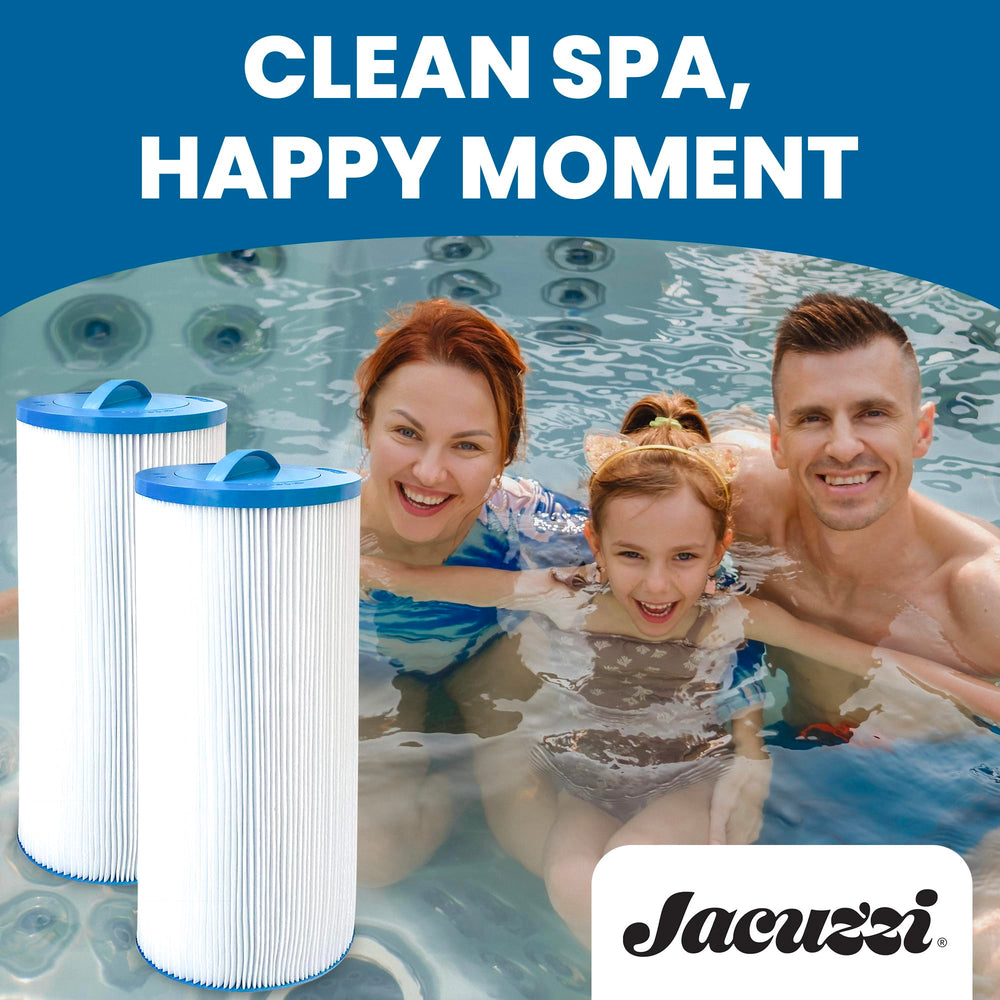 Jacuzzi owner rinsing cartridge under hose for easy maintenance and longer life