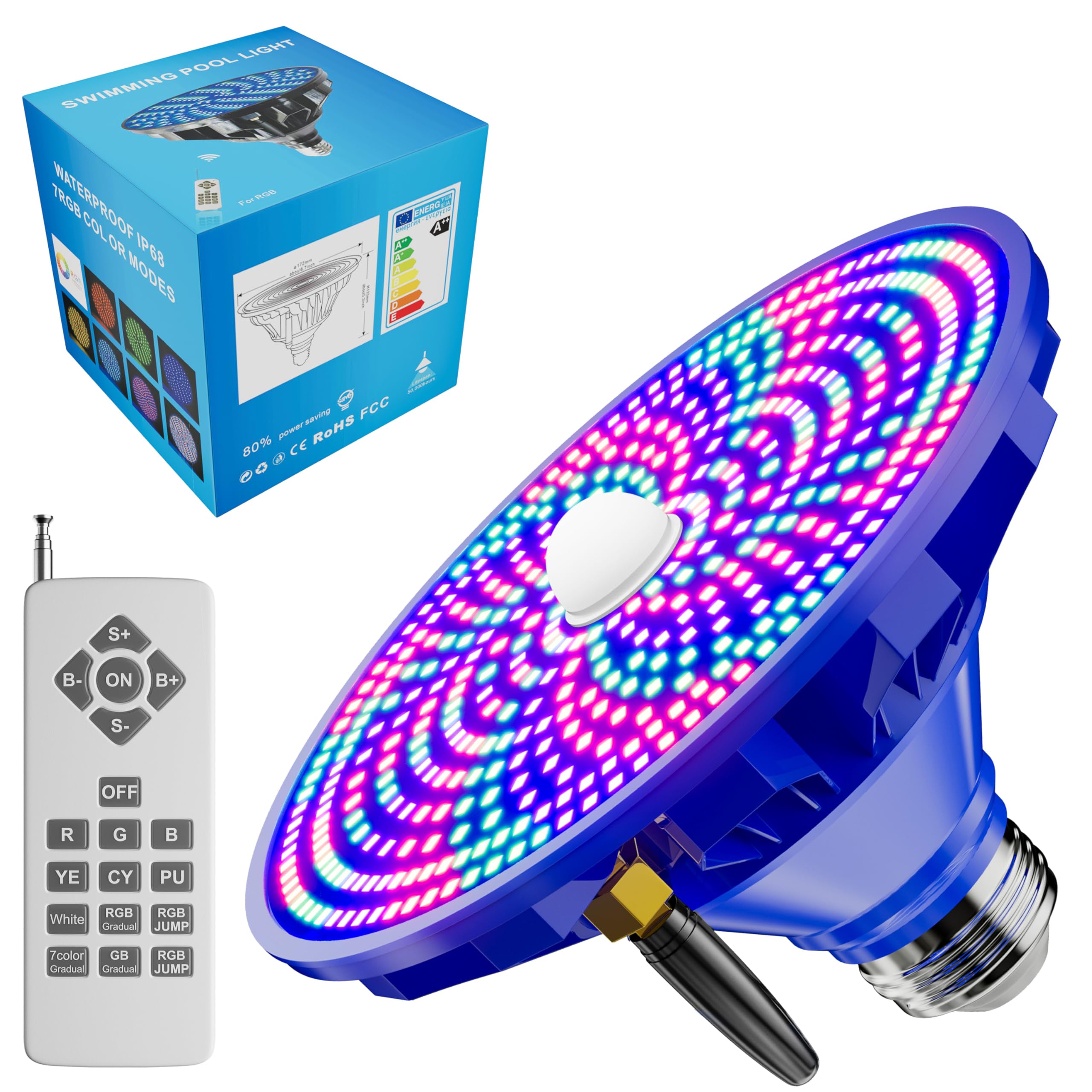 Jadisi front view of bulb showing lens and LEDs, highlighting bright pool illumination