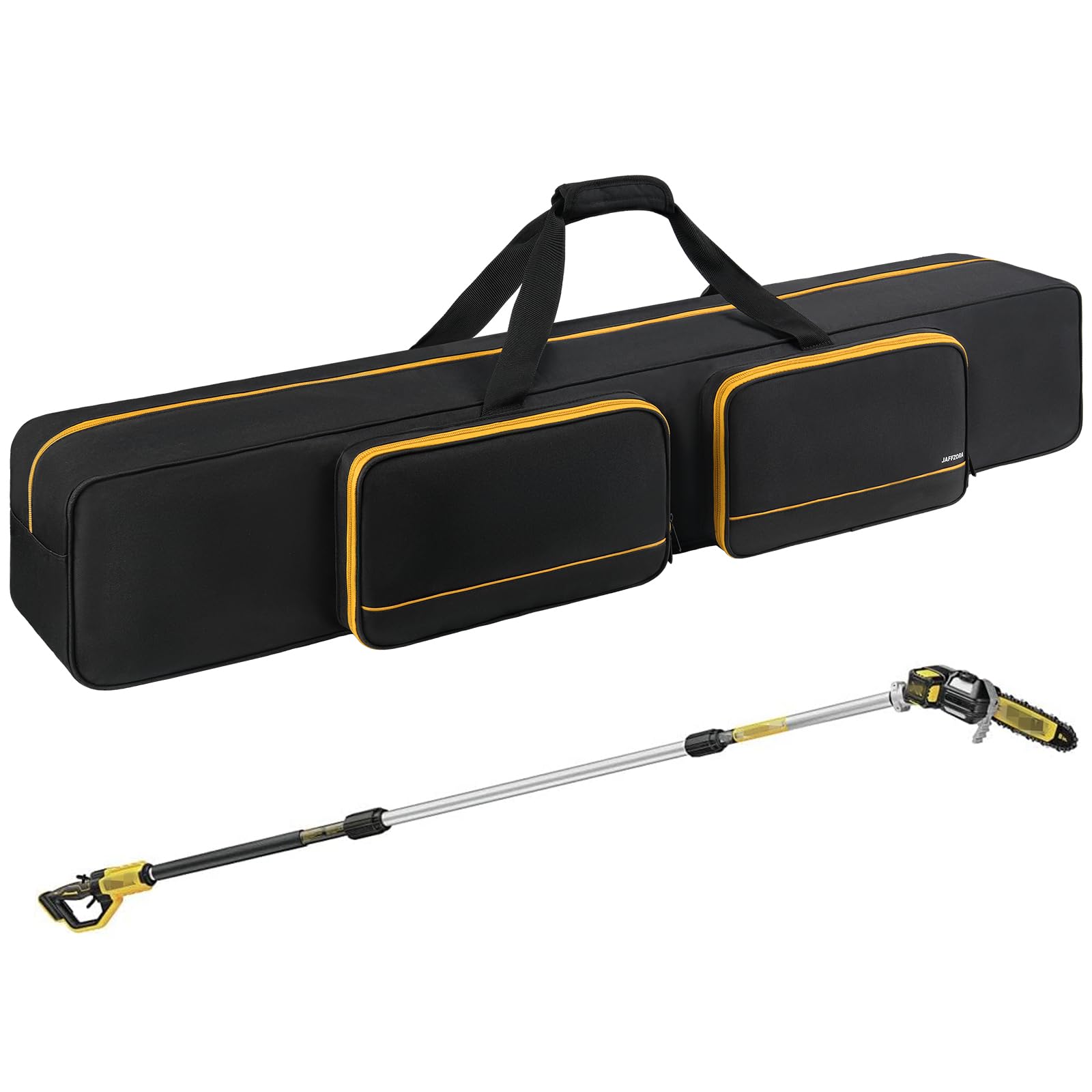 Jaffzora front-loading pole saw bag showing full-length protection and easy access