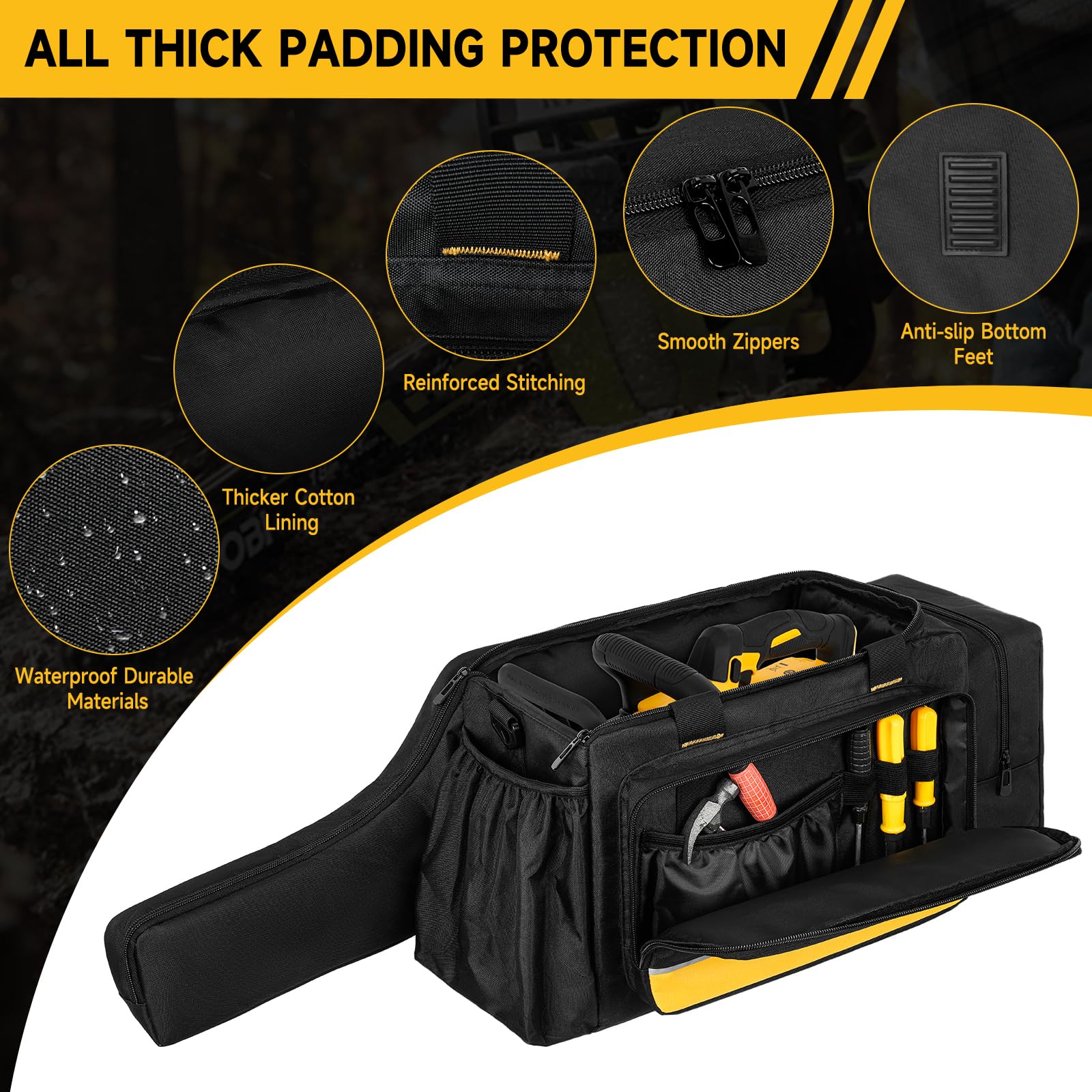 Jaffzora open bag with chainsaw secured by strap for safe transport