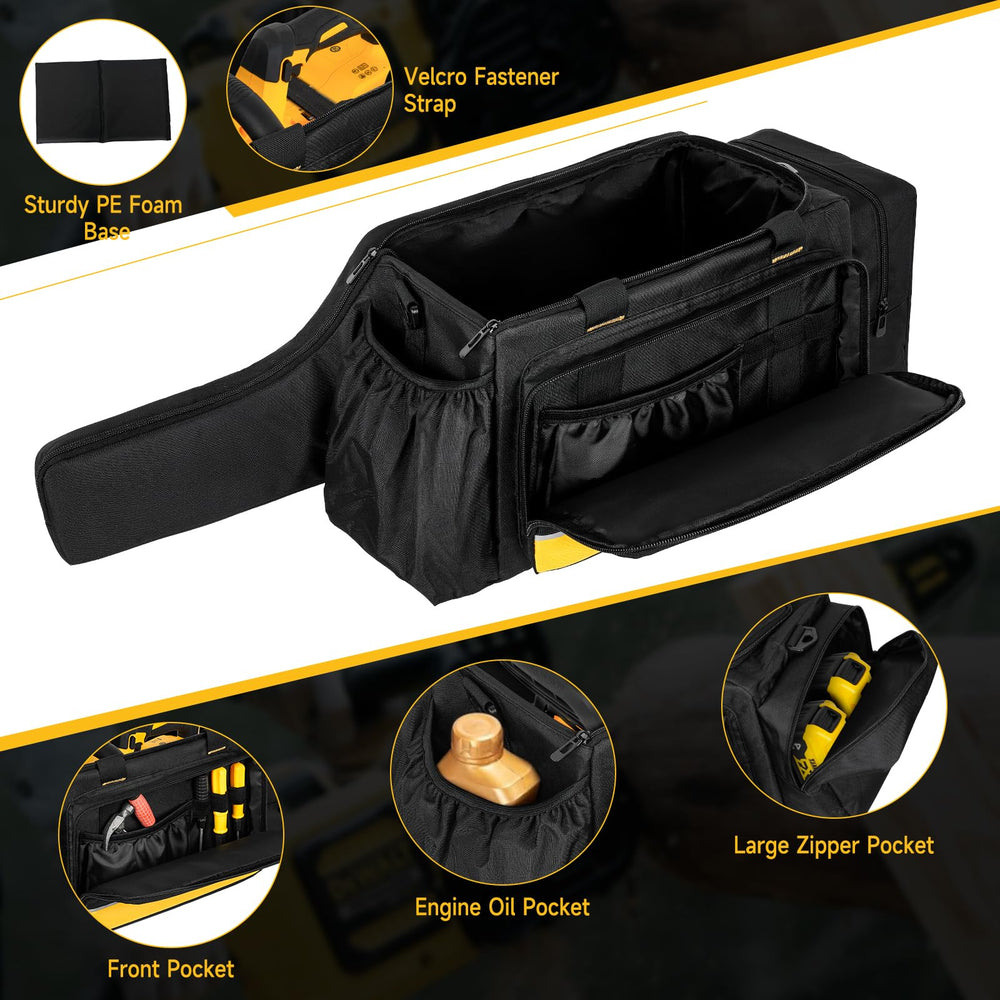 Jaffzora side pockets holding batteries and oil for organized storage
