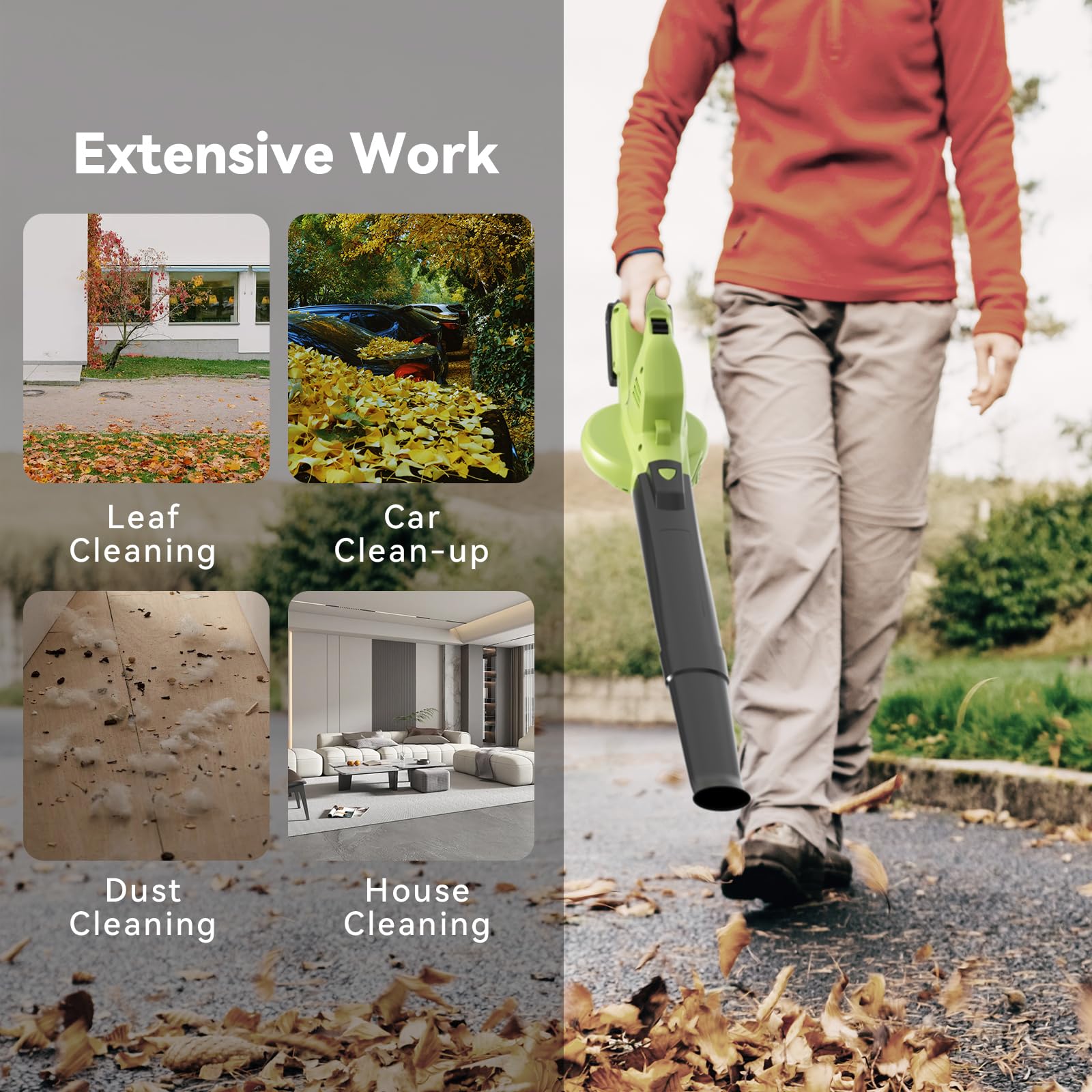 JAGROM blower in use on driveway clearing leaves for efficient cleanup