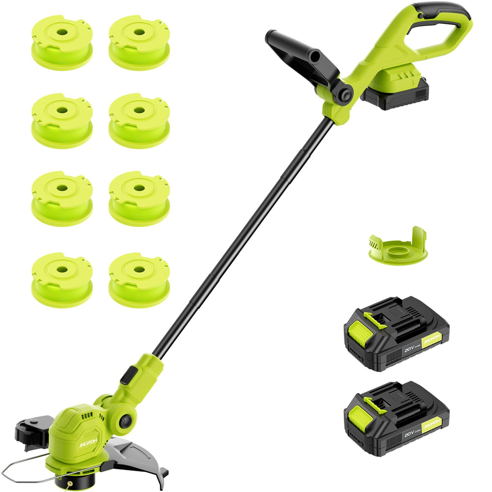 JAGROM front view of cordless trimmer kit showing included batteries and accessories, convenient storage