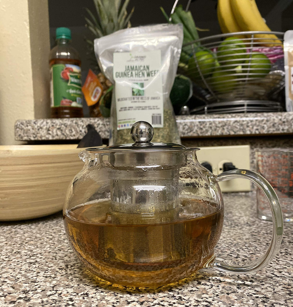 Jahno Herbs teapot brewing Anamu tea, demonstrating brewing method and warm aroma