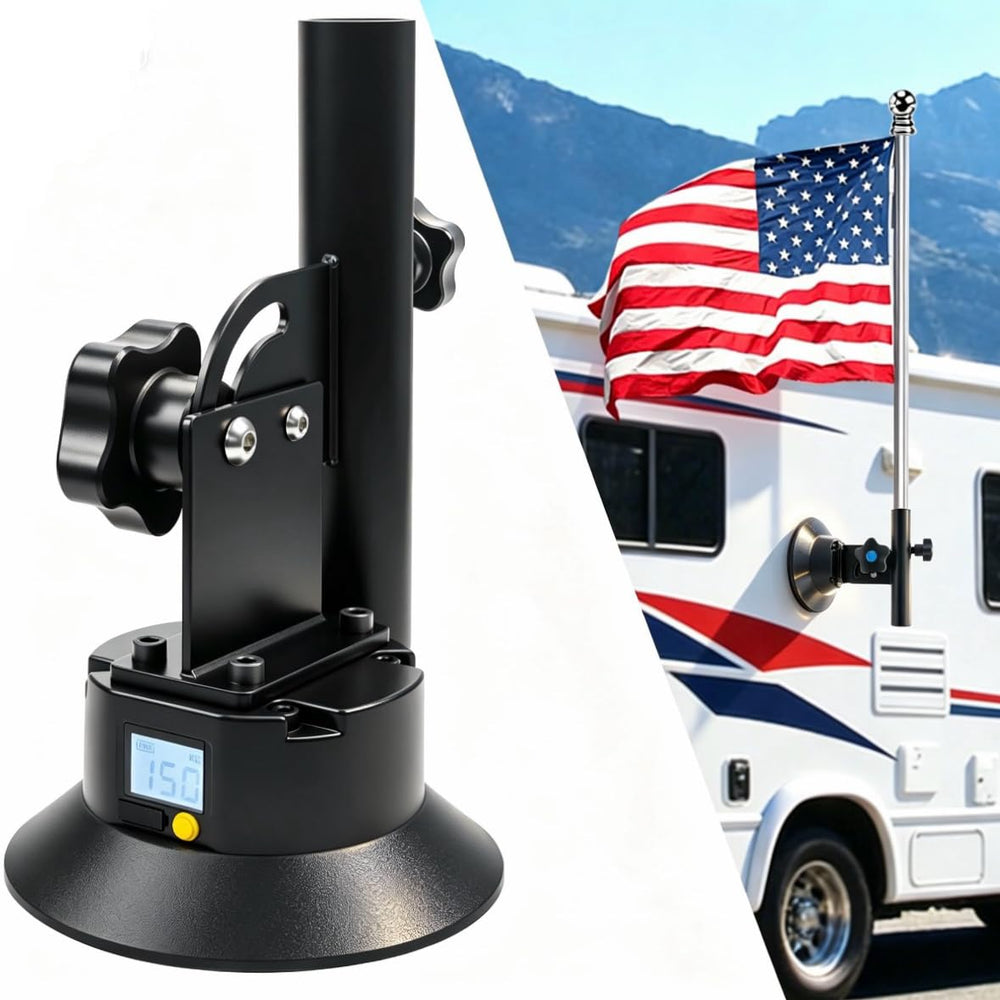 Jakenfou front-mounted on RV showing secure flag display and stable hold