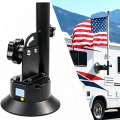 Jakenfou front-mounted on RV showing secure flag display and stable hold