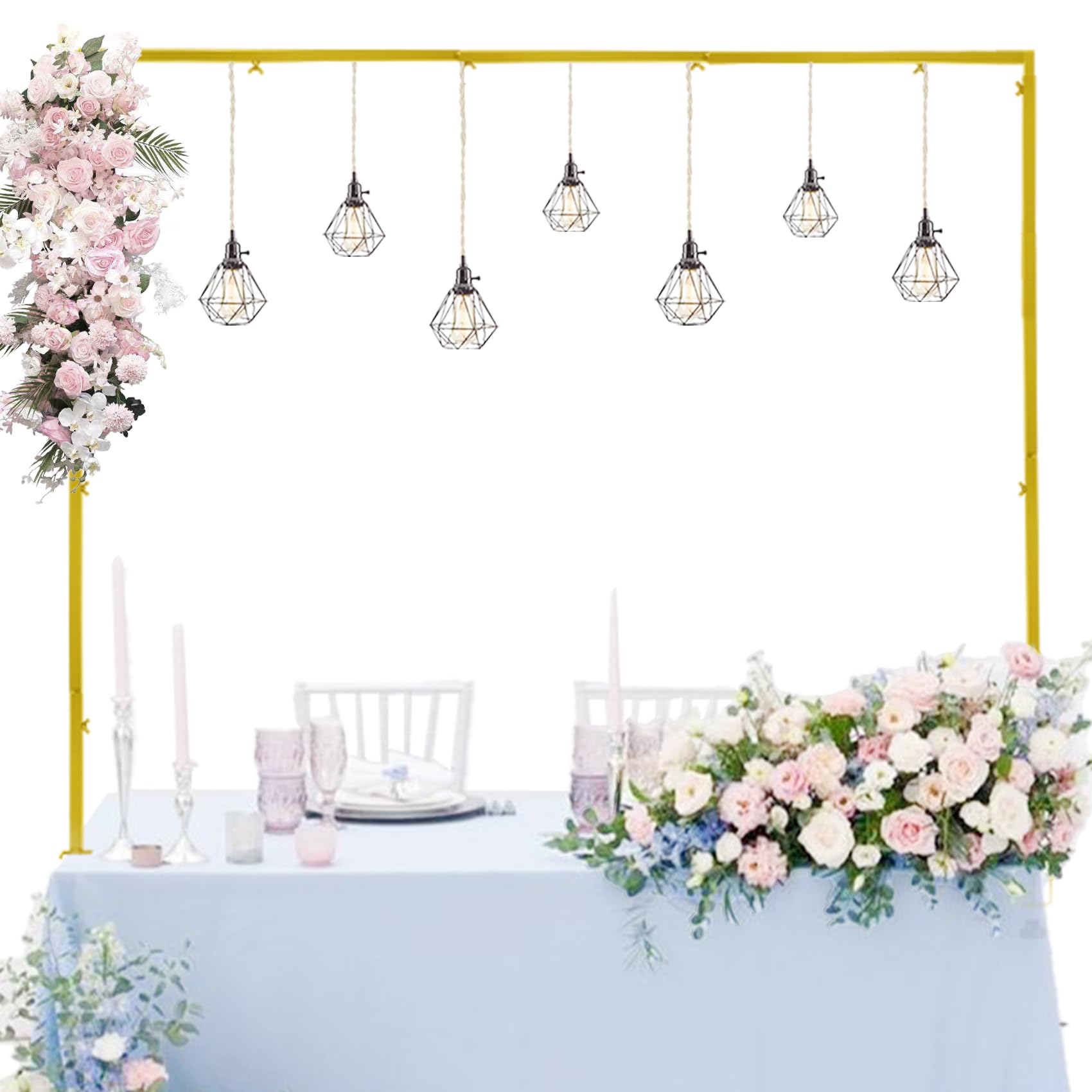 JALANCY front view of assembled gold table arch showing elegant centerpiece benefit