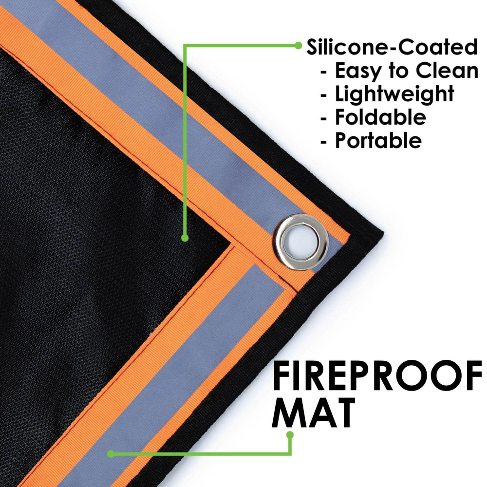 Jametown mat under round fire pit protecting deck from embers