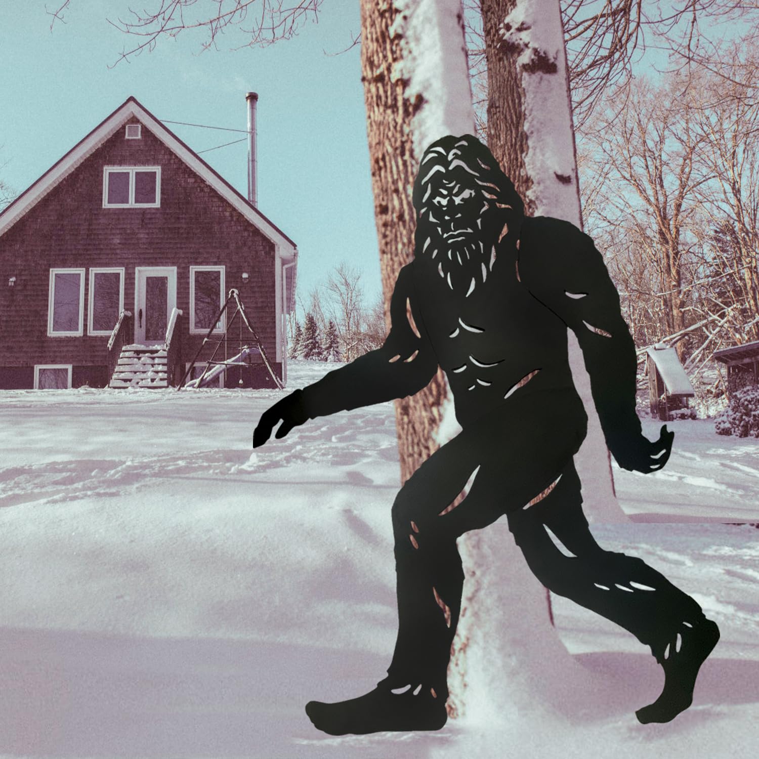 JAMZEL Bigfoot silhouette at night showing dramatic curb appeal benefit