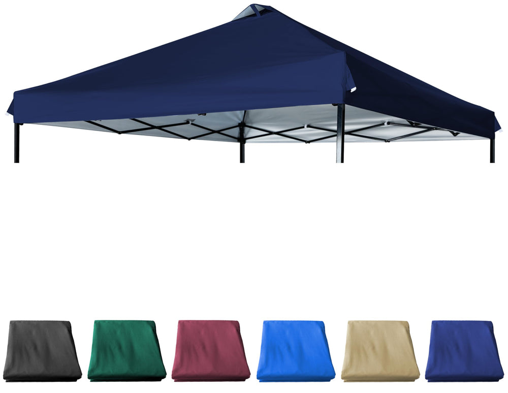 JANCANOPY front view of navy 10x10 replacement top showing neat fit and shade