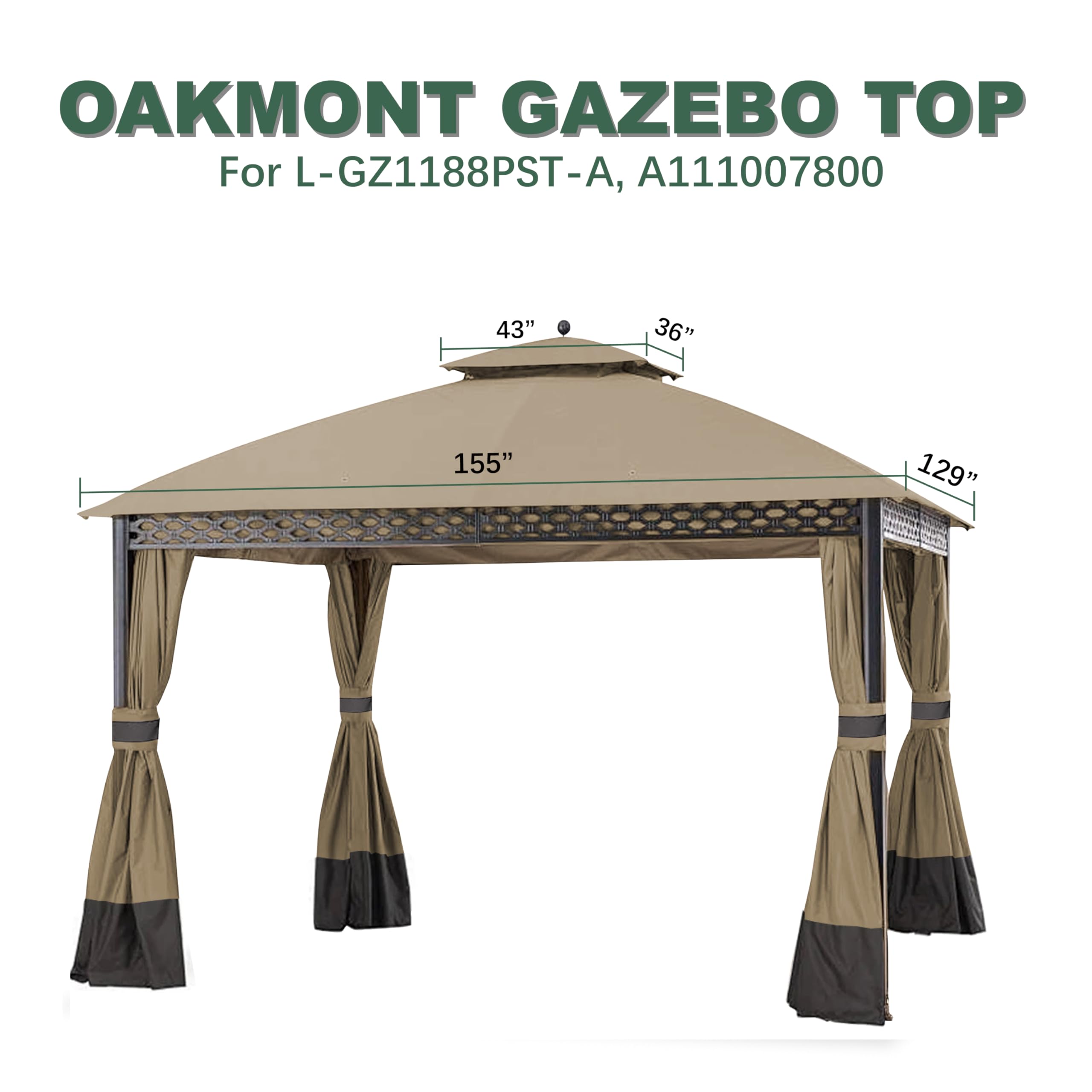 JANCANOPY measurement overlay on top showing 36x43 and 129x155 inch roof sizes