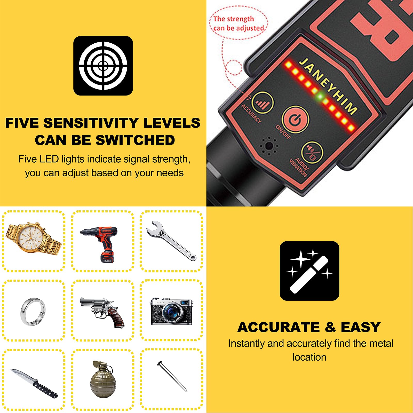 JANEYHIM sensitivity buttons close-up for quick five-level adjustment