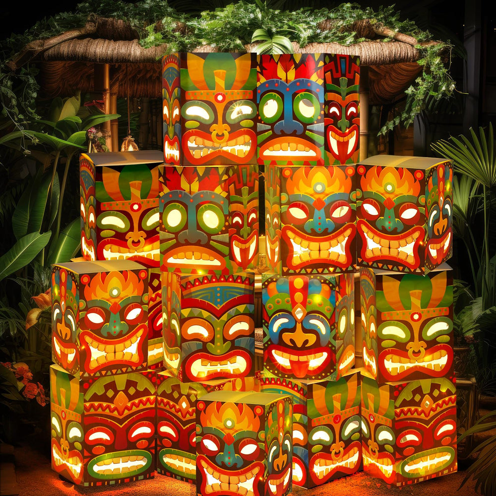 Janlaugh front packaging view showing sixteen tiki boxes and LED strings for easy staging