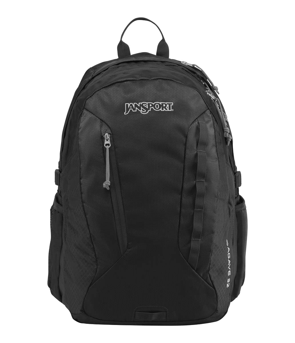 JanSport Agave front view showing organized pockets and sleek black finish for reliable storage
