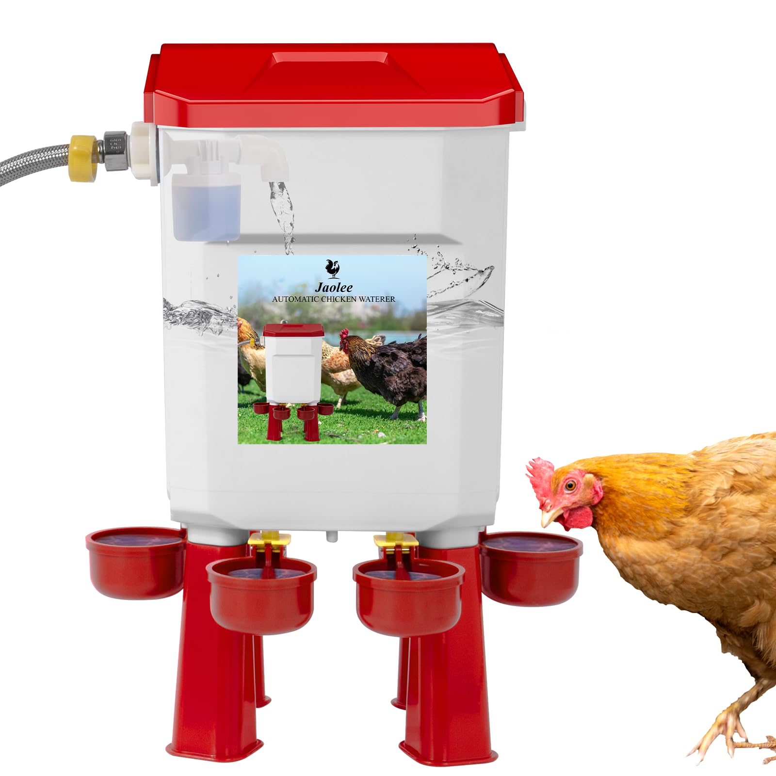 Jaolee front view assembled waterer showing full 2-gallon reservoir and benefits clean supply
