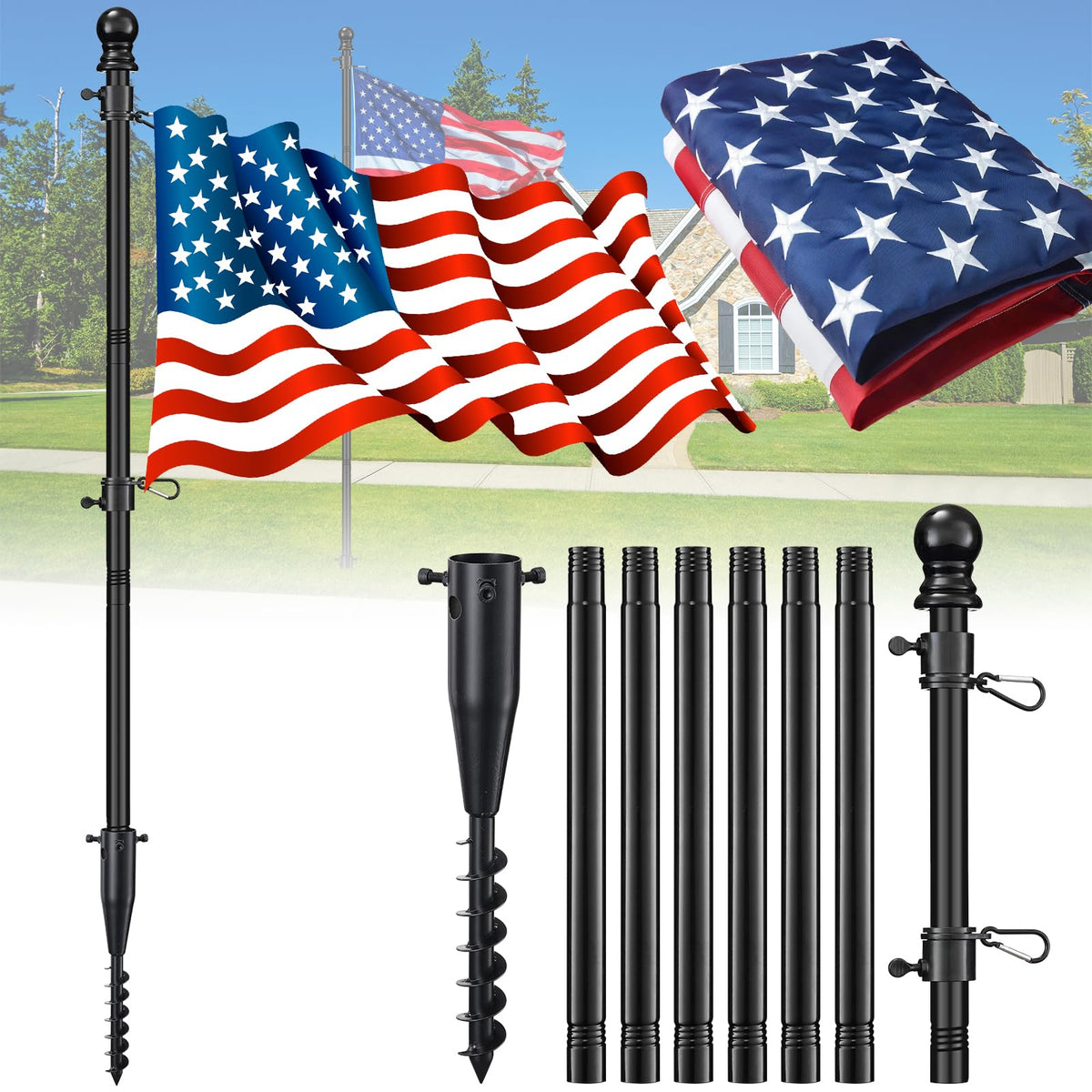 JAOTREL front packaging showing complete flagpole kit and included flag benefit: ready-to-use