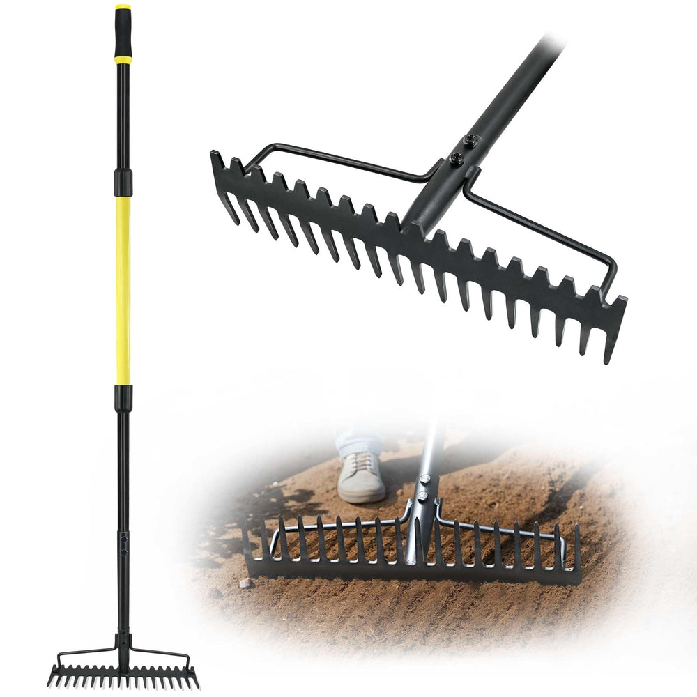 Jardineer bow rake front view showing full head and long handle benefit durability