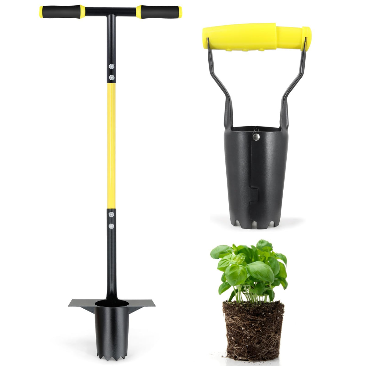 Jardineer front view of long-handle transplanter showing robust build and ease
