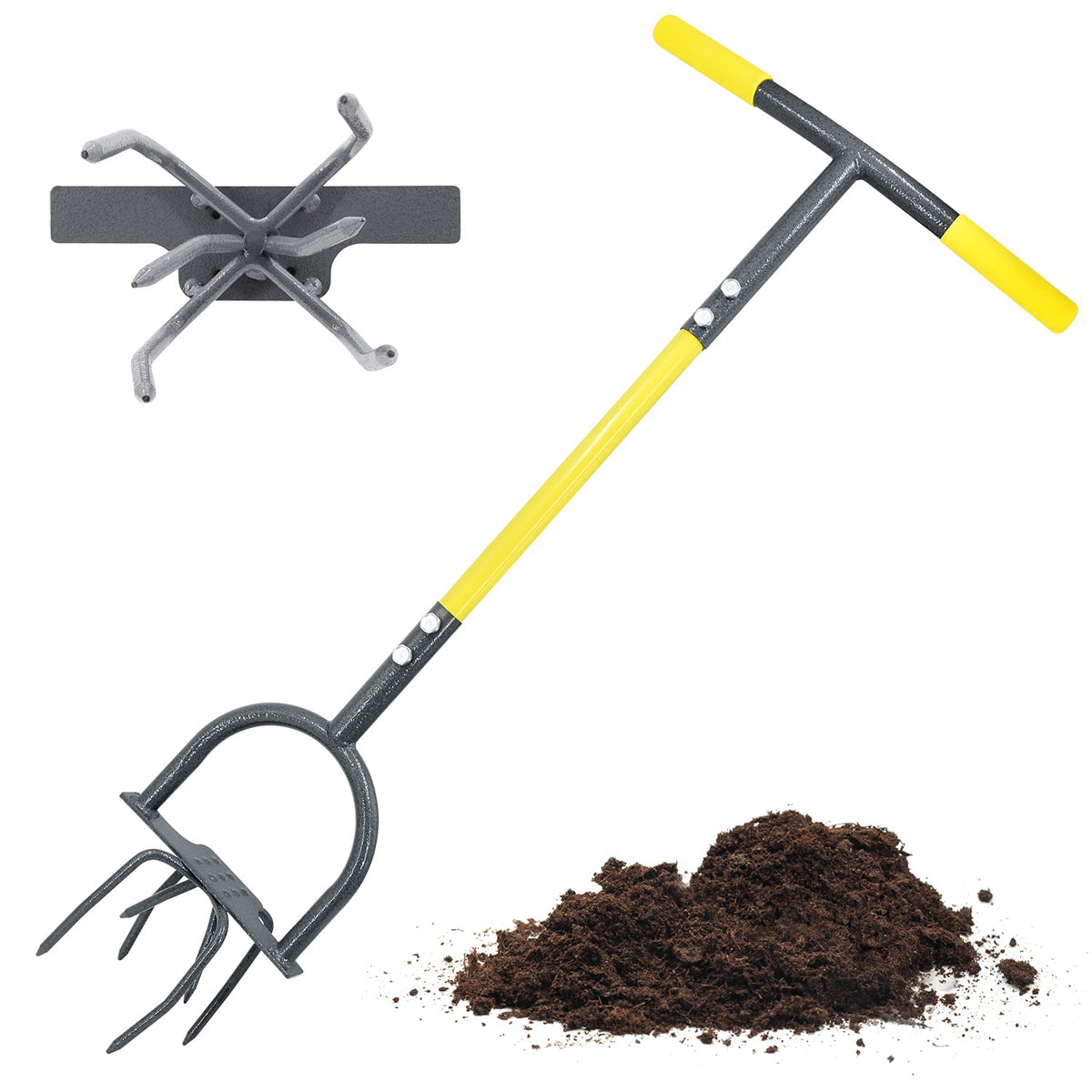 Jardineer front view hand tiller showing full shaft and handle for ergonomic leverage