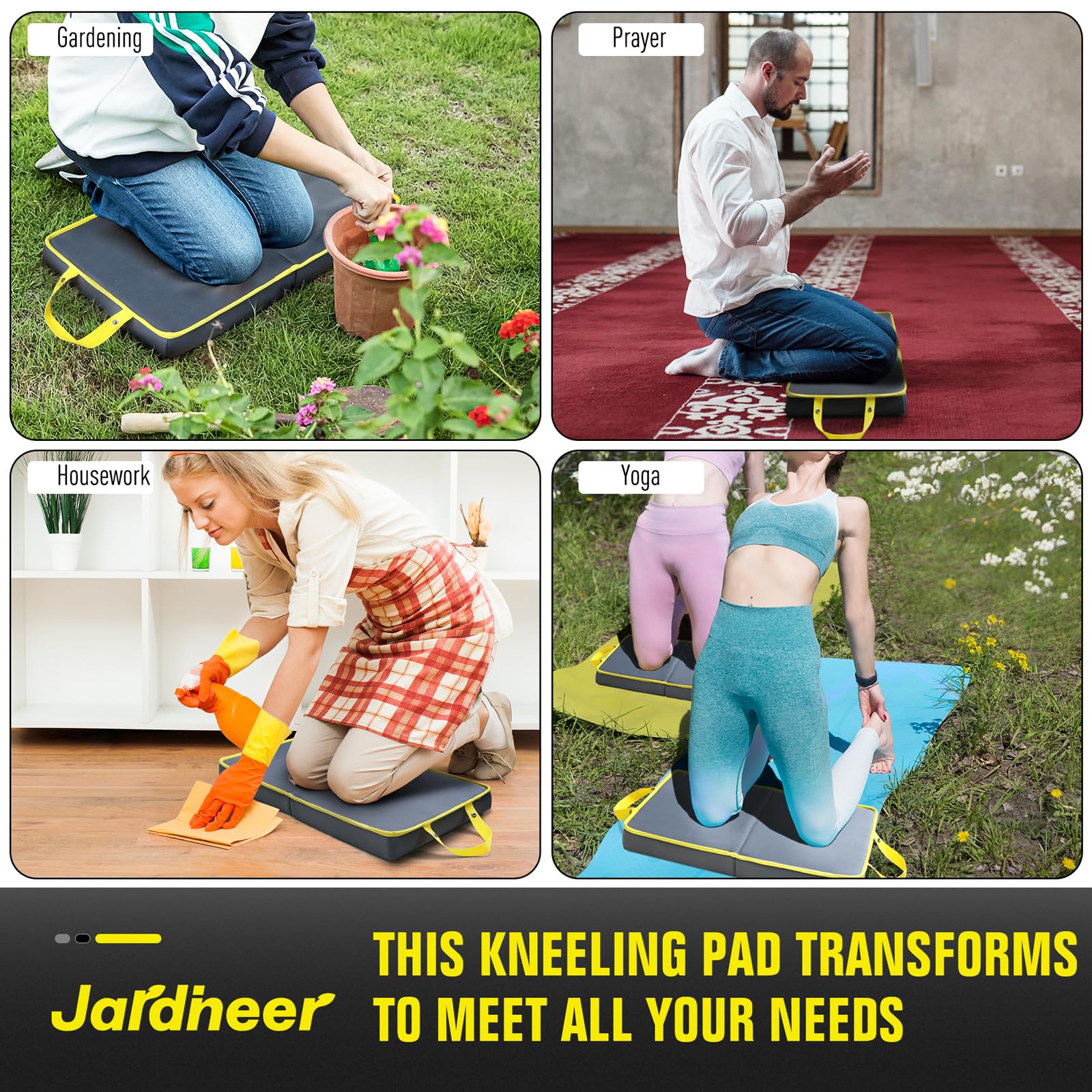 Jardineer in garden while weeding showing knee protection and reduced strain benefit