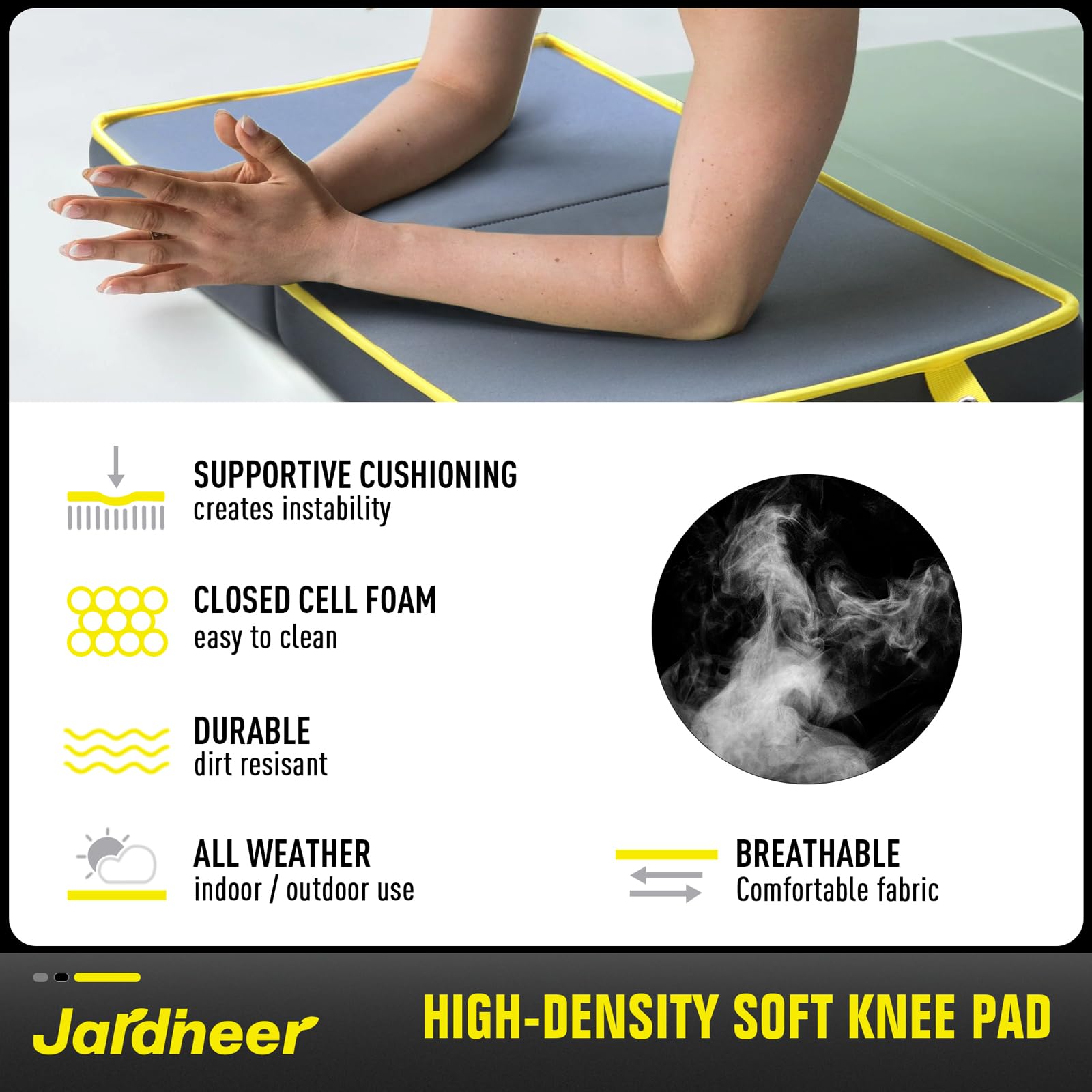 Jardineer used as back support in outdoor setting showing versatile comfort benefit