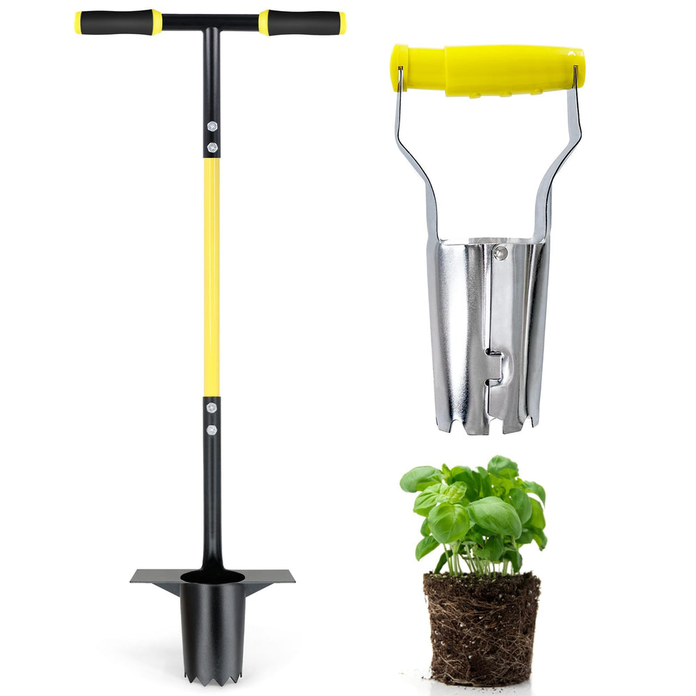 Jardineer long-handle bulb planter front view showing upright planting benefit