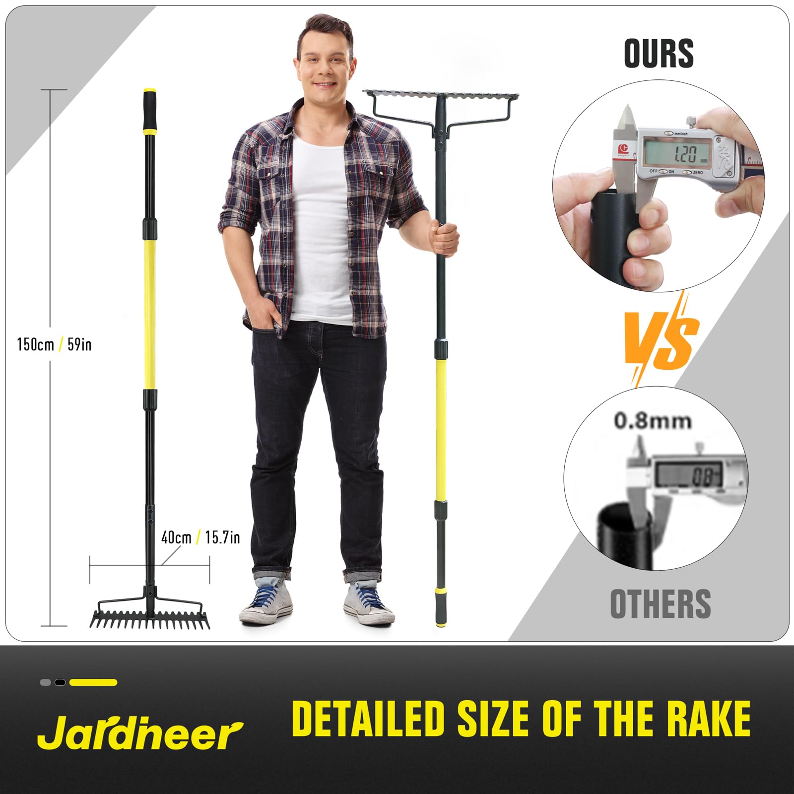 Jardineer rake disassembled and packed demonstrating compact storage and transport benefit
