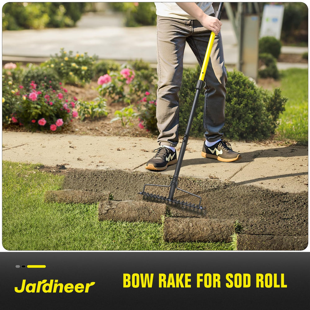 Jardineer rake next to shoe for scale illustrating long-handle reach and control benefit