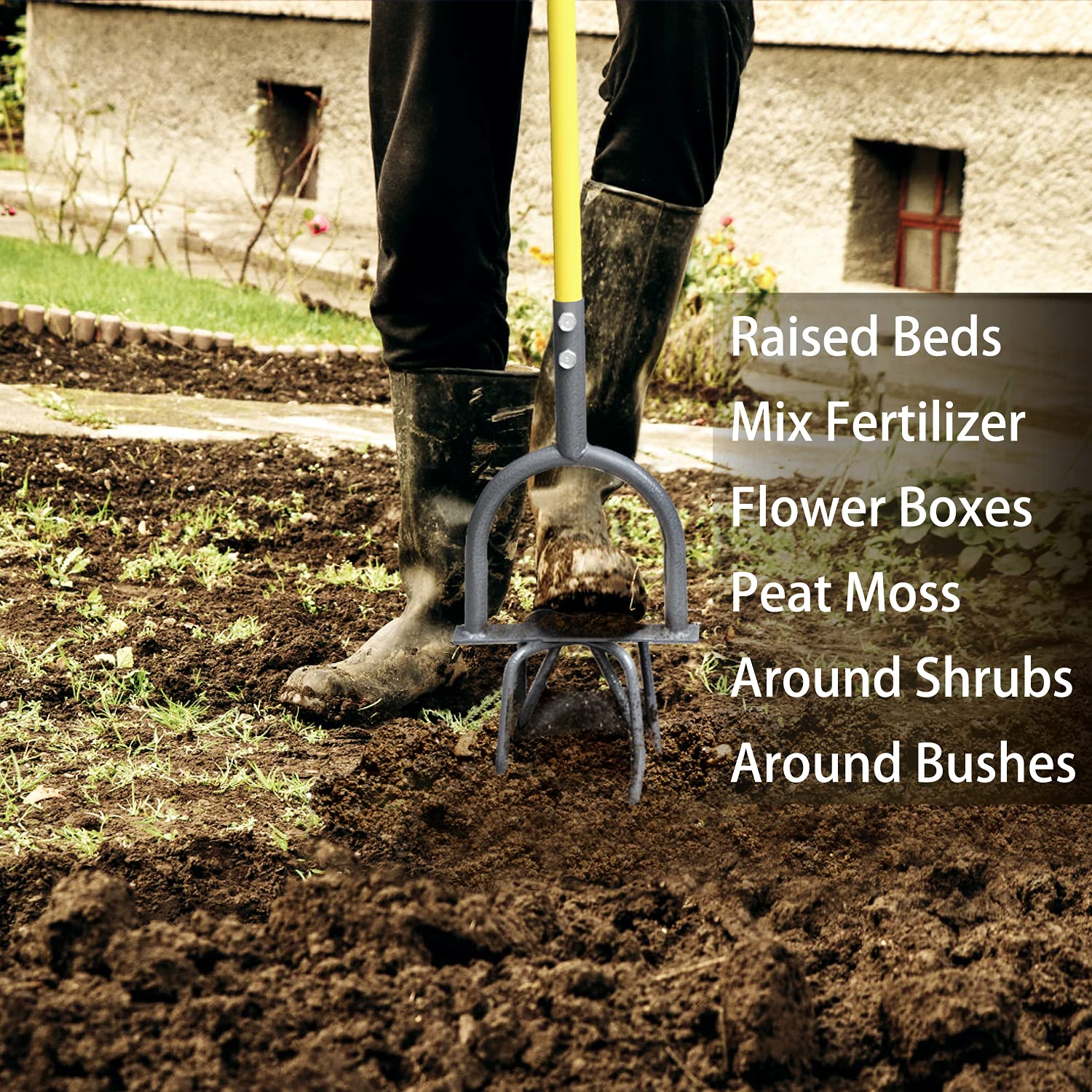 Jardineer size comparison with garden rake showing compact scale and storage benefit