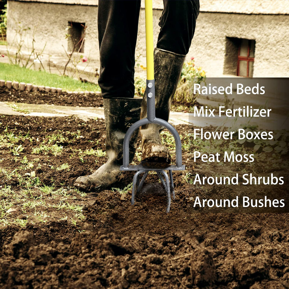 Jardineer size comparison with garden rake showing compact scale and storage benefit