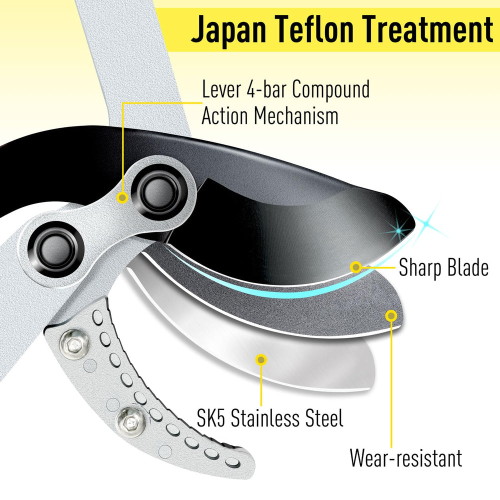 Jardineer telescoping handle fully extended showing safer high-reach trimming