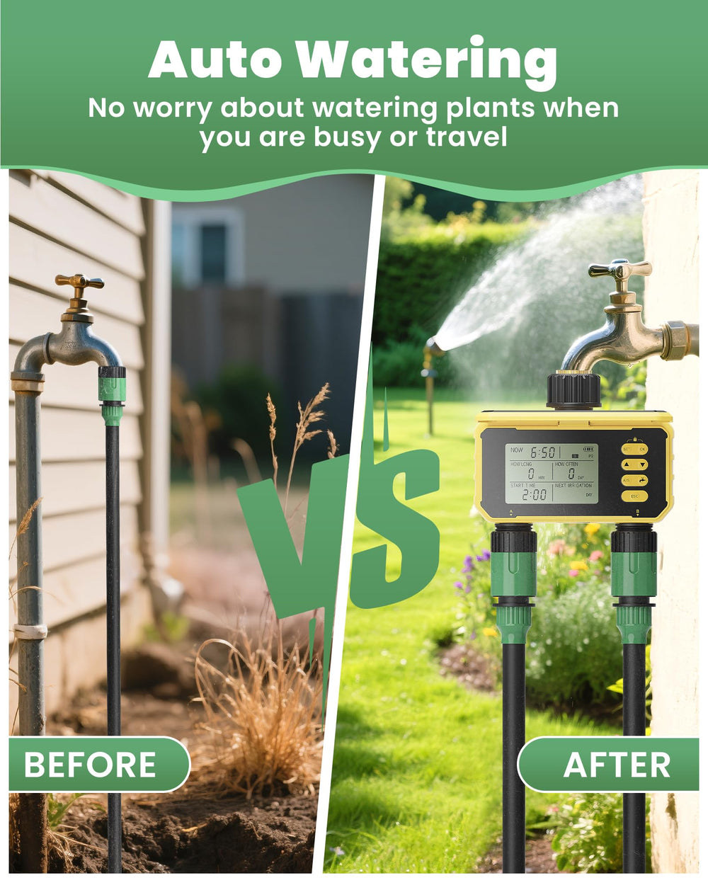 Jardirossa mounted on outdoor faucet demonstrating quick, stable installation