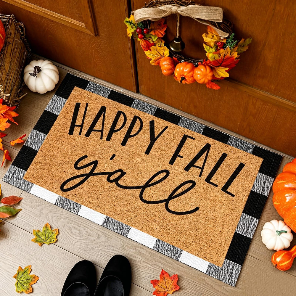 JarThenaAMCS coir mat front showing "HAPPY FALL y'all" greeting and welcoming appeal