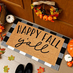 JarThenaAMCS coir mat front showing "HAPPY FALL y'all" greeting and welcoming appeal