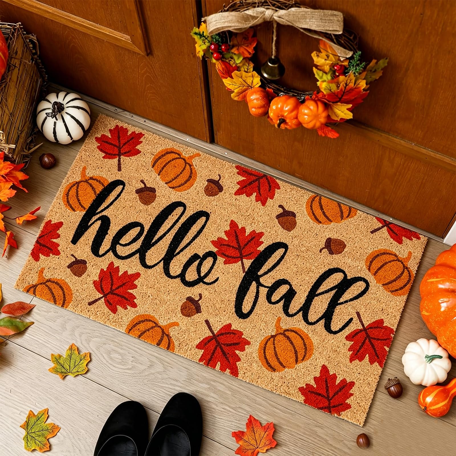 JarThenaAMCS front view fall doormat showing seasonal design and welcoming benefit