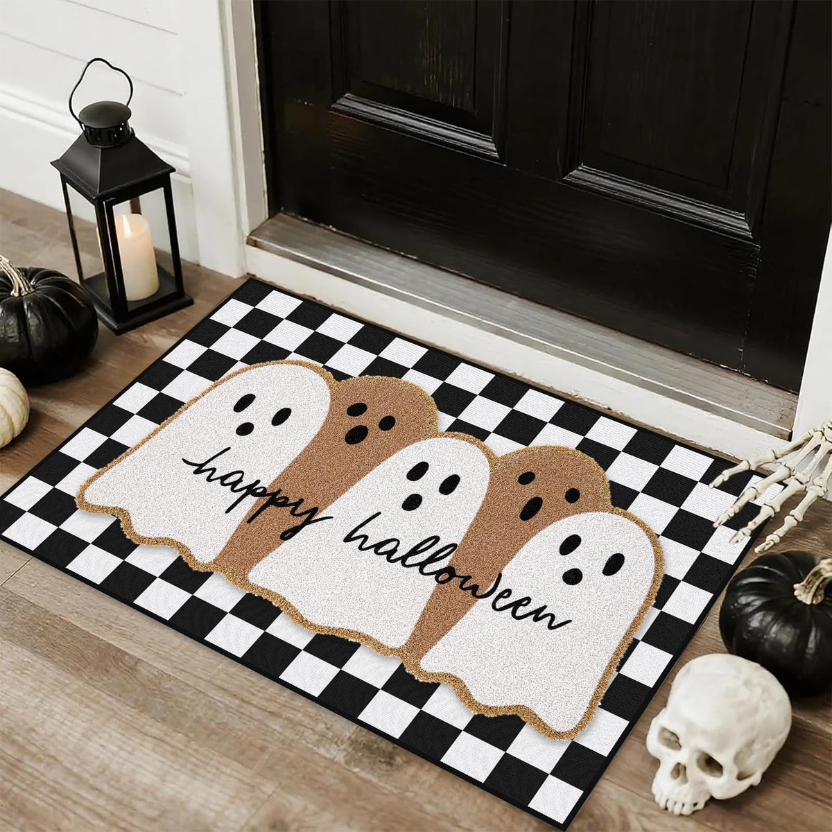 JarThenaAMCS front view of ghost coir mat and plaid rug for festive entrance