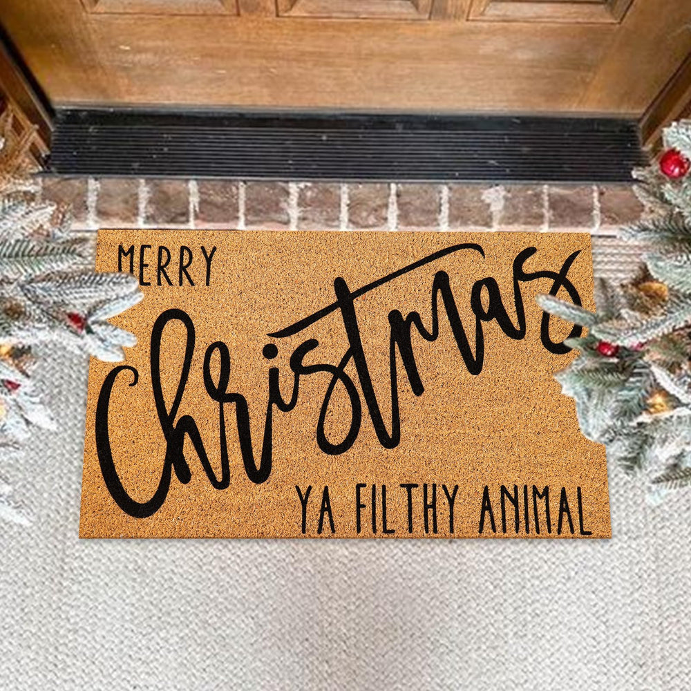 JarThenaAMCS front view of doormat showing festive greeting and durable fibers