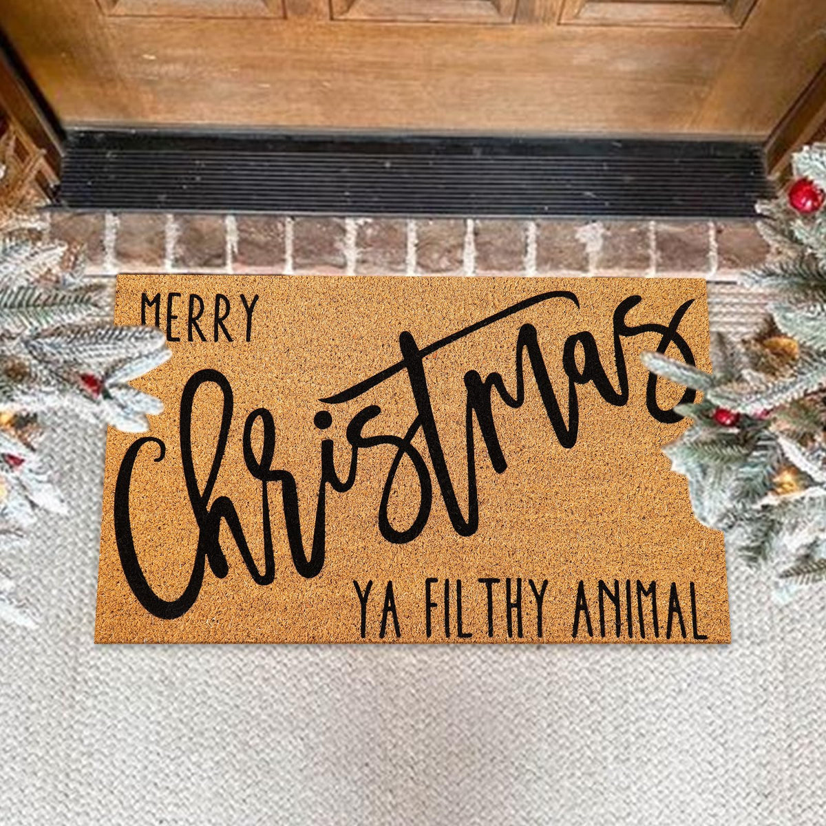 JarThenaAMCS front view of doormat showing festive greeting and durable fibers