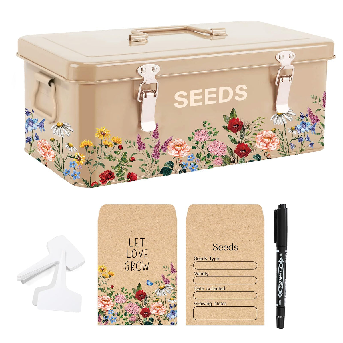 JarThenaAMCS front view of floral metal seed tin showing attractive storage