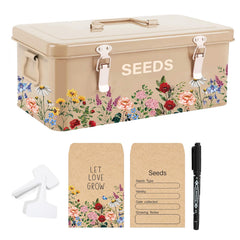 JarThenaAMCS front view of floral metal seed tin showing attractive storage