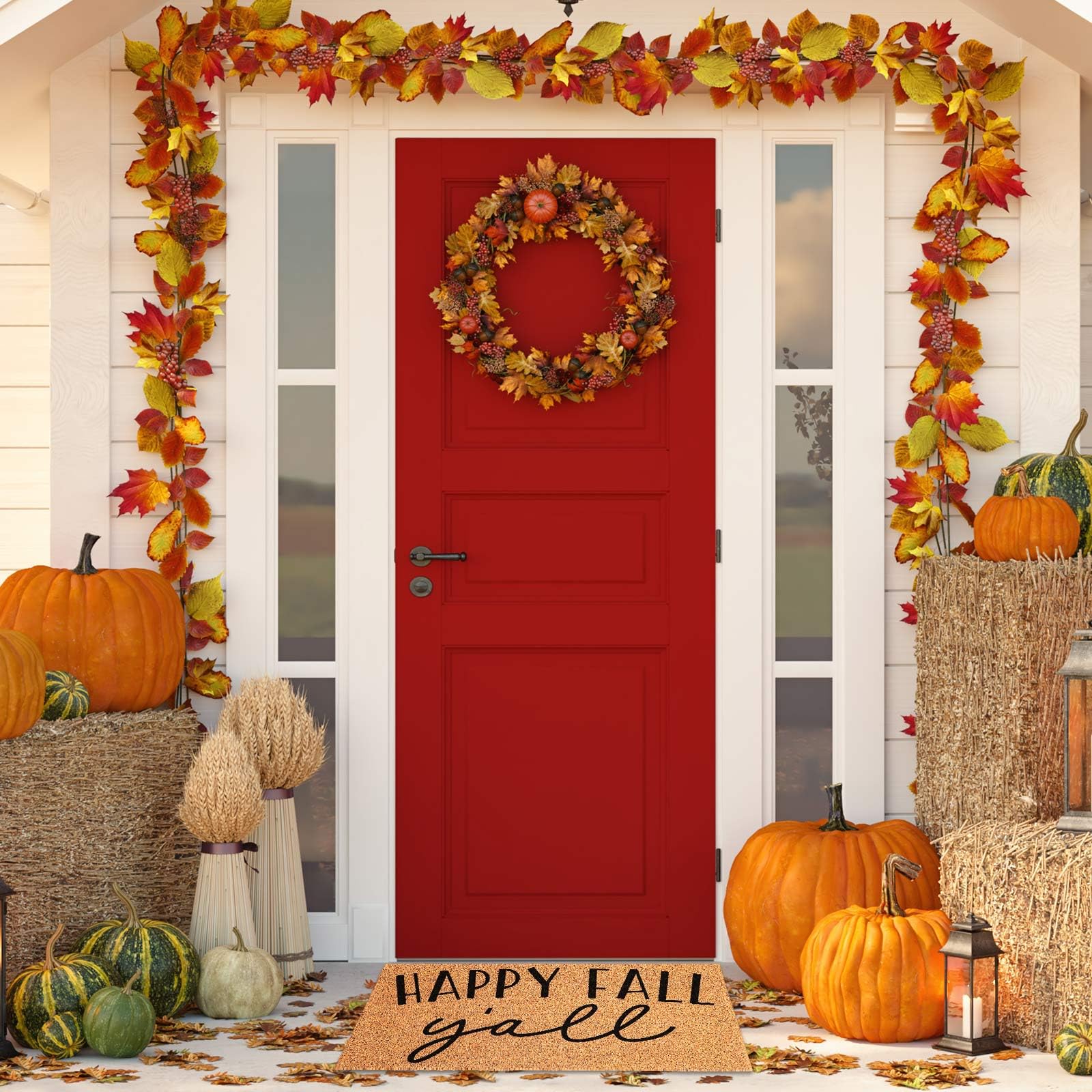 JarThenaAMCS porch scene with mats styled among pumpkins showing seasonal curb appeal