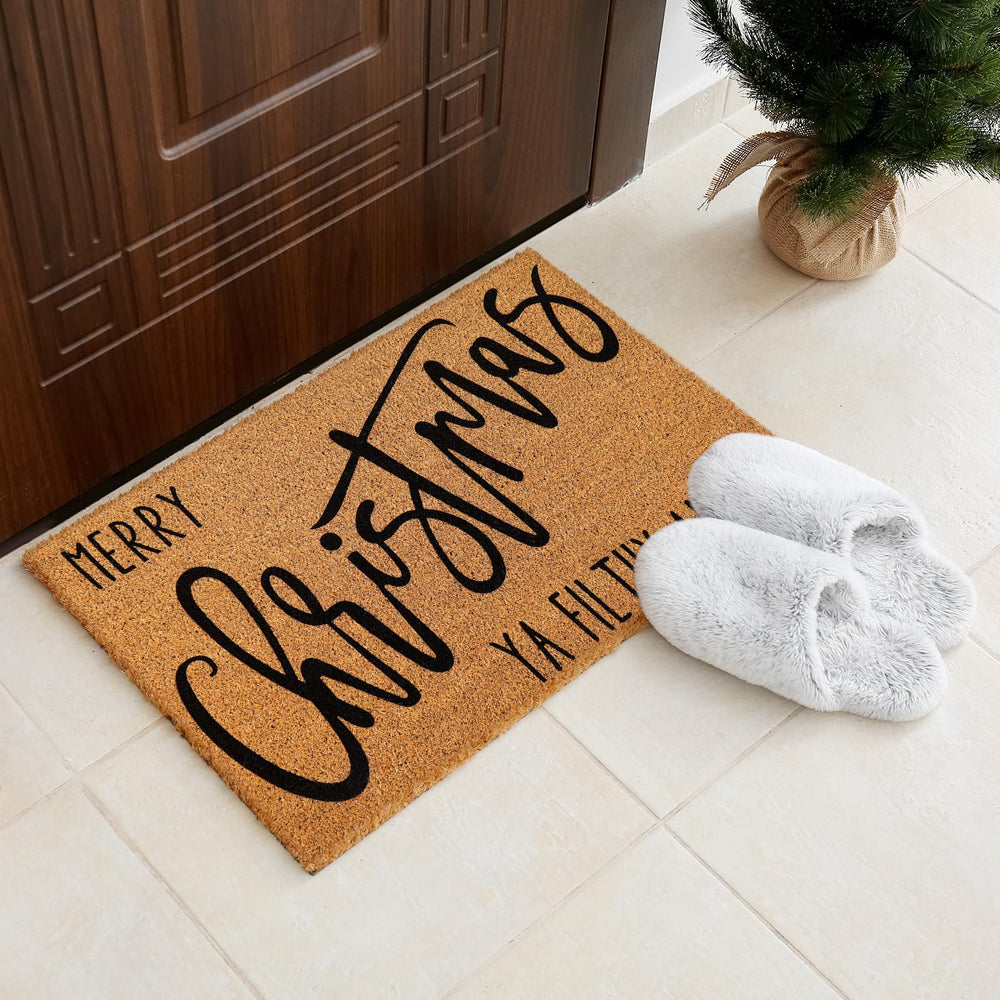 JarThenaAMCS mat placed on porch illustrating festive welcome and practical use