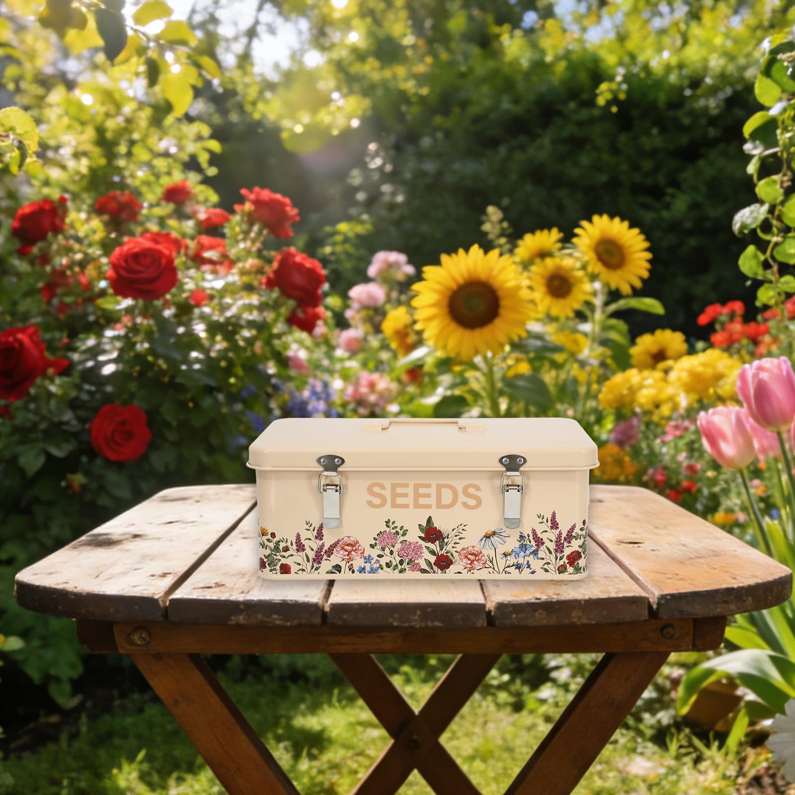JarThenaAMCS tin on potting bench illustrating decorative practical storage