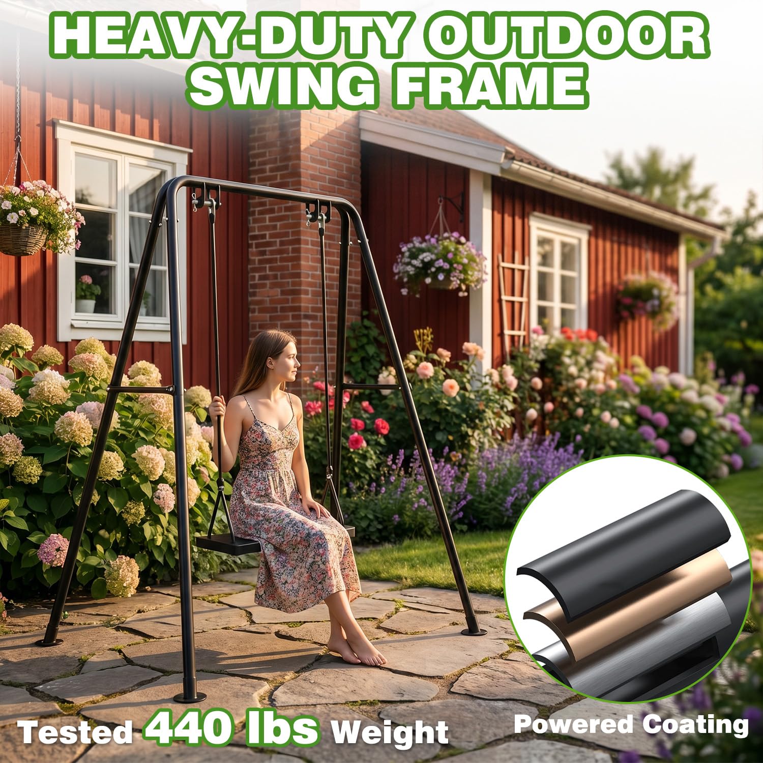 Jasdego swing in use with hanging chair demonstrating comfortable outdoor seating benefit